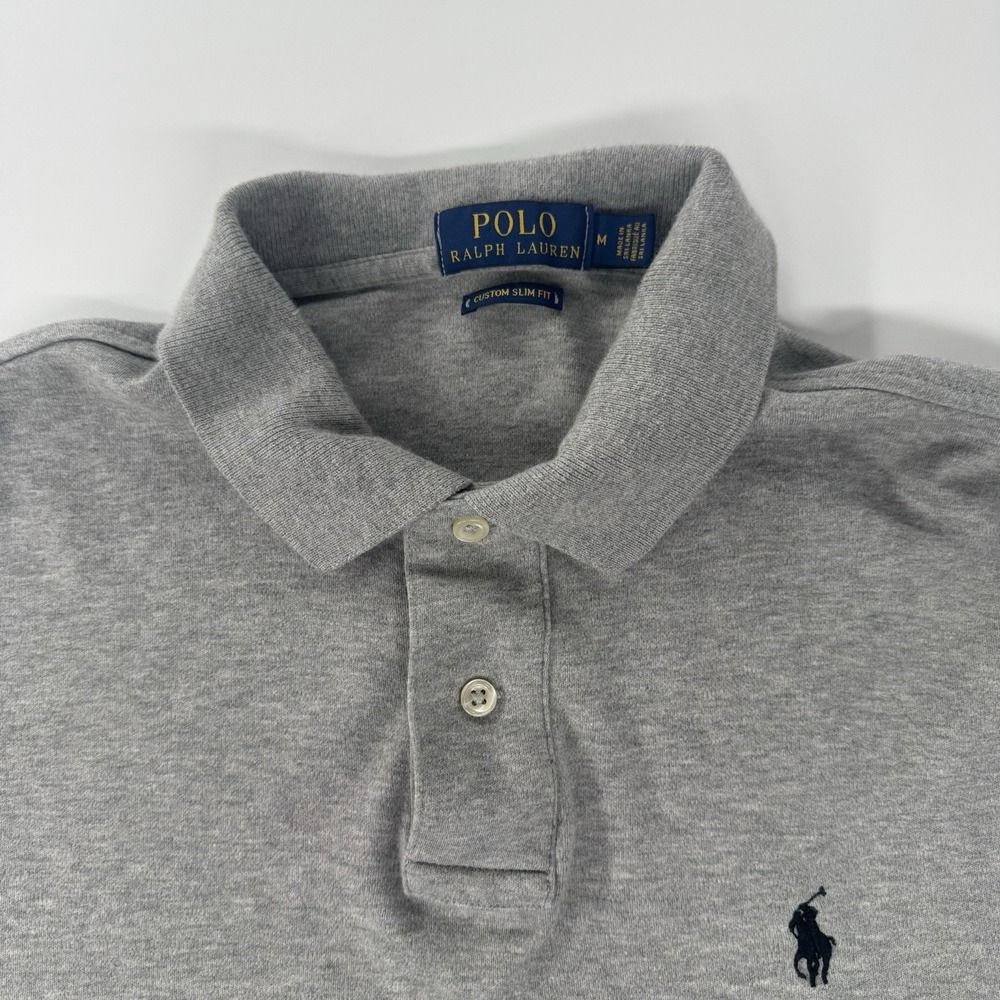 Polo Ralph Lauren men's gray custom slim fit polo shirt Medium Cotton Black Pony - Picture 2 of 5